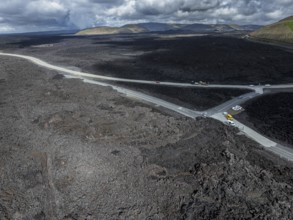 Lava, lava field, road, destroyed, summer, cloudy, sunny, aerial view, Blue Lagoon, Sundhnúkur