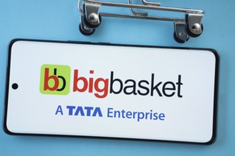 Dhaka, Bangladesh- 03 July 2025: Smartphone screen showing the BigBasket logo with shopping cart