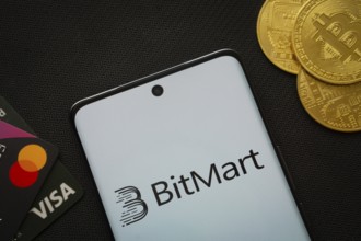 Dhaka, Bangladesh- 06 Sep 2025: Smartphone displaying Bitmart logo surrounded by Bitcoin coins and