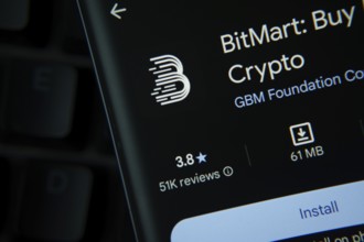 Dhaka, Bangladesh- 27 July 2025: BitMart app from Google Playstore is displayed on a smartphone
