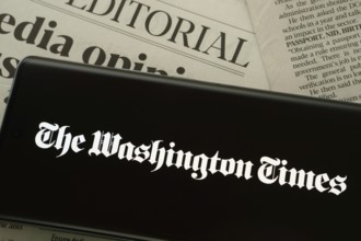 Dhaka, Bangladesh - 18 March 2025: The logo of the washington times is displayed on a smartphone
