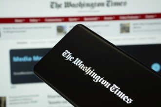 Dhaka, Bangladesh - 18 March 2025: The logo of the washinton times is displayed on a smartphone