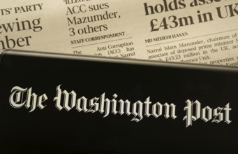 Dhaka, Bangladesh - 18 March 2025: The logo of the washington post is displayed on a smartphone