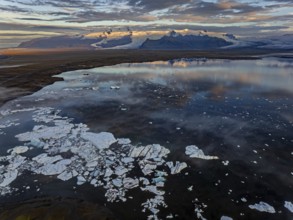 Ice floes, glacier, glacier tongue, fog, clouds, morning mood, mountains, reflection, aerial view,