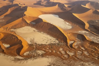 Sand dunes and dry pans in the Namib Desert. In the evening. Aerial view. Namib-Naukluft Park,