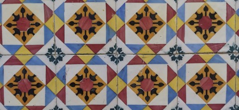 Close-up of decorative, geometrically patterned colorful ceramic tiles, Lisbon, Portugal