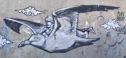 Graffiti of a seagull (larinae) with a human figure on a wall, surrounded by stylised clouds,