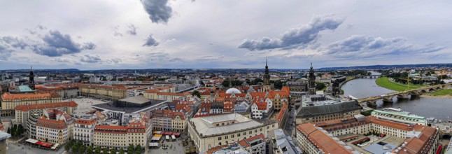 City panorama of Dresden, with river, bridge and distinctive architectures under cloudy sky,