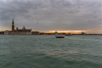 View of the island of San Giorgio Maggiore from Venice at dusk, Venice Lagoon in front, Venice,