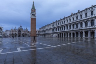 Empty St. Mark's Square with St. Mark's Basilica and St Mark's Tower early in the morning, Venice,