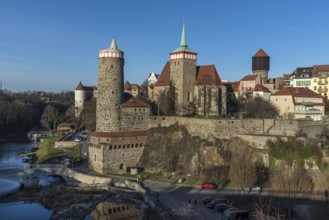 View of the historic city wall with towers of the old town, below the Spree, Bautzen, Upper