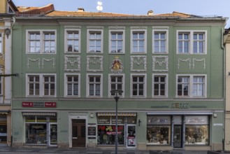 Historic house façade with decorated coat of arms, Bautzen, Upper Lusatia, Saxony, Germany