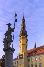 Town Hall, 17th century, in front fountain statue Ritschmann, Bautzen, Upper Lusatia, Saxony,