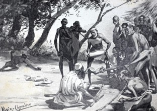 Feeding slaves in Congo around 1885, authentic, digitally restored reproduction from a 19th century
