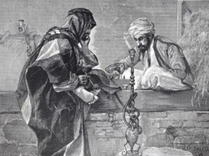 Arabian donkey drivers playing chess and smoking hookah in a coffee house, authentic, digitally