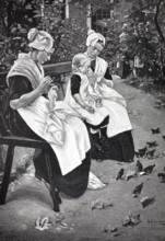 Orphan girl embroidering and sewing, after a painting by M. Liebermann, 1891, authentic, digitally