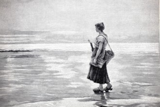 Lonely woman on the beach with a basket for collecting mussels, 1891, Holland, North Sea,