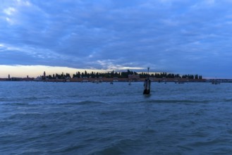 San Michele Cemetery in the Venetian Lagoon at dusk, Venice, Veneto, Italy
