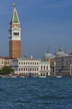 St Mark's Tower and domes of St. Mark's Basilica, in front of the Grand Canal, Venice, Veneto,