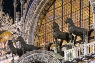 Replicas of the four life-size horse sculptures on the west portal of St. Mark's Basilica, Venice,
