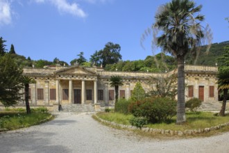 View of main entrance with staircase and columned portal of historic Villa San Martino residence of