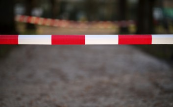Banderole, barrier tape, red-white, blocked path, access to Tatort, Stuttgart, Baden-Württemberg,