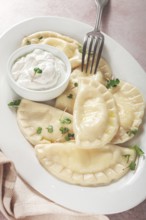 Traditional Georgian kvari dumplings, served with sour cream and herbs, close-up view, no people