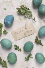 Easter eggs, green, staple text, boxwood, retro, top view