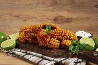 Corn ribs, with cream sauce, spices and lime, appetizer, on a wooden cutting board, homemade, no