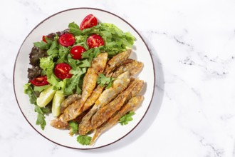 Fried crispy mullet fish, with fresh salad, on a plate with lime, no people