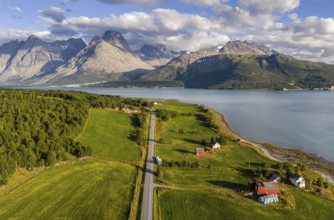Aerial view over Lyngen Alps south of Svensby, Lyngen peninsula, Norway