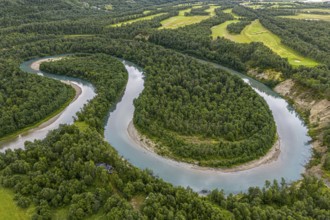 Meander of the Storelva River, east of Tromsø, aerial view, Norway