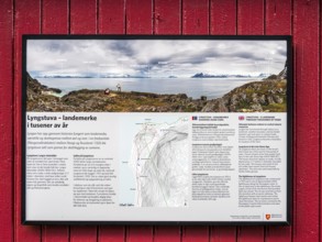 Lyngstuva lighthouse, explanatory board, at northernmost point of Lyngen peninsula, Lyngen, Norway