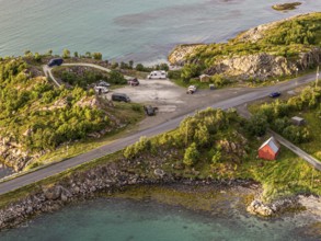Rest area at Sommaroy Bridge, camper vans, sunset, aerial view, Norway