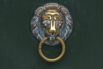 Brass lion head as a door knocker, Venice, Veneto, Italy