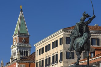 Spire of St. Mark's Campanile, in front the equestrian statue of Victor Emmanuel II, 1820-1878,