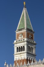 Spire of St. Mark's Campanile, blue sky, Venice, Veneto, Italy