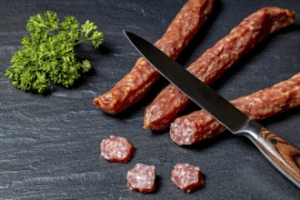 Salami with cutting knife and parsley on a dark surface, crispy pepper sausage
