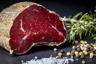 Juicy piece of sausage on a dark background with herbs and spices, delicacy ham fresh from the