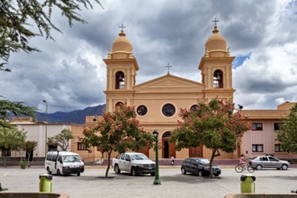 Church façade with two bell towers surrounded by trees and cars, under a dramatic sky, the Catedral