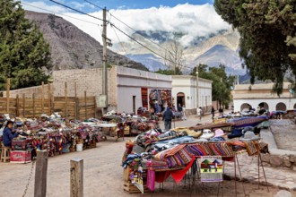 A marketplace with colorful fabrics and stalls in front of a majestic mountain landscape, tourist