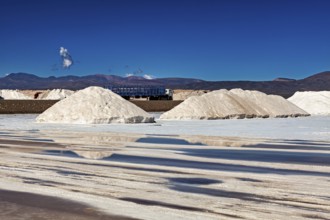Salt heaps and industrial plants under a blue sky in a desert-like landscape, The Salar de Cauchari