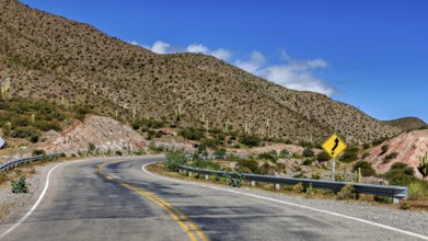 Winding road through mountain landscape with cacti and sky, The landscape of the Quebrada with its