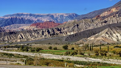 A colourful mountain landscape under a clear blue sky with desert vegetation, The landscape of the