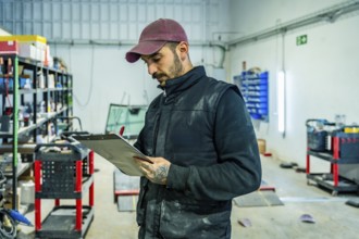 Male technician wearing a cap and vest standing in an automotive workshop, holding a clipboard and