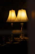 Reflection of lamps in a living room window, Region of la Mauricie, Province of Quebec, Canada