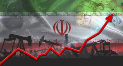 Oil pumps with Iranian flag. Oil production with Iran flag, petrol industry