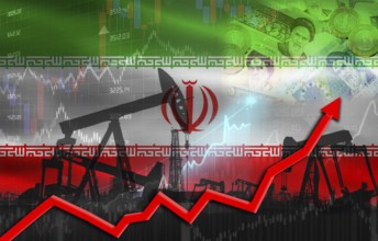 Oil production with Iran flag, petrol industry. Oil pumps with Iran flag
