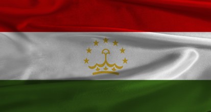 Flag of Tajikistan with fabric textured background. Close up of National flag of Tajikistan with