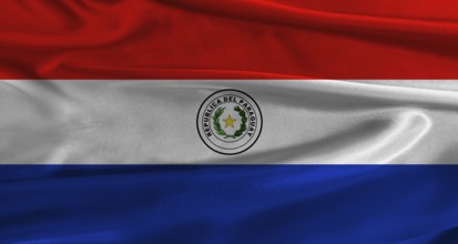 Flag of Paraguay with fabric textured background. Close up of National flag of Paraguay with